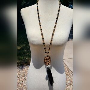 Leopard Print Beaded Tassel Necklace